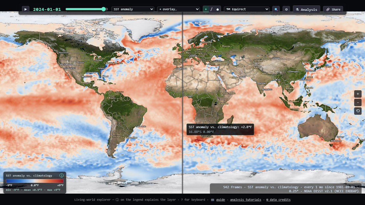 A swipe comparison of sea-surface temperature anomaly: January 2016 on the left, January 2024 on the right
