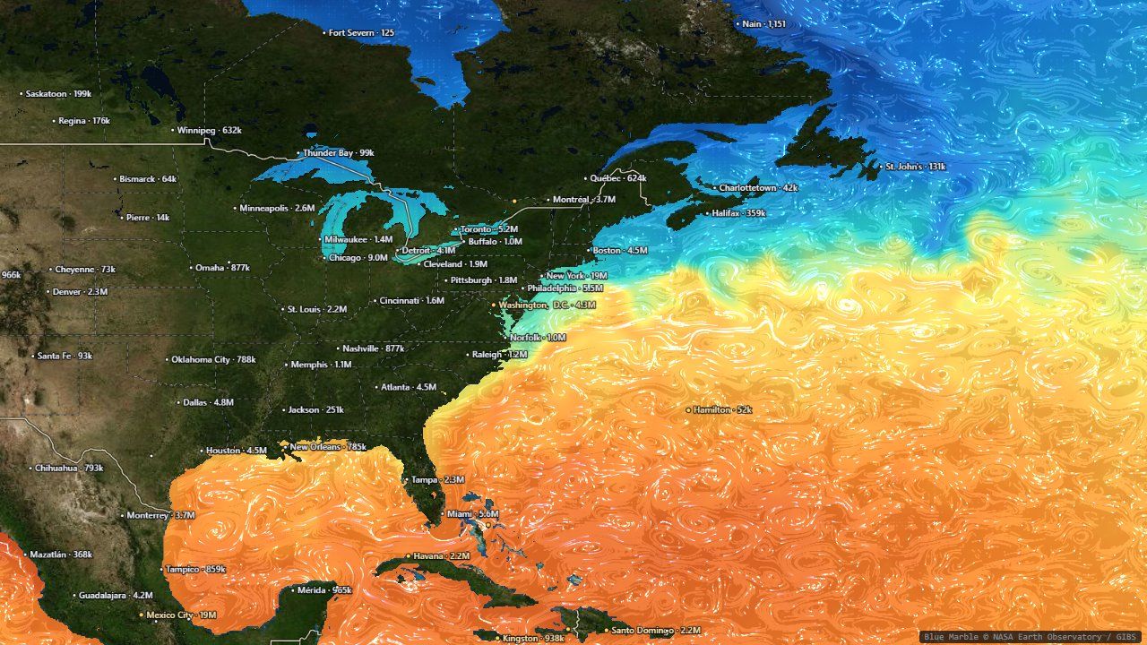 The Gulf Stream as streaks of blue current trails over sea-surface temperature.