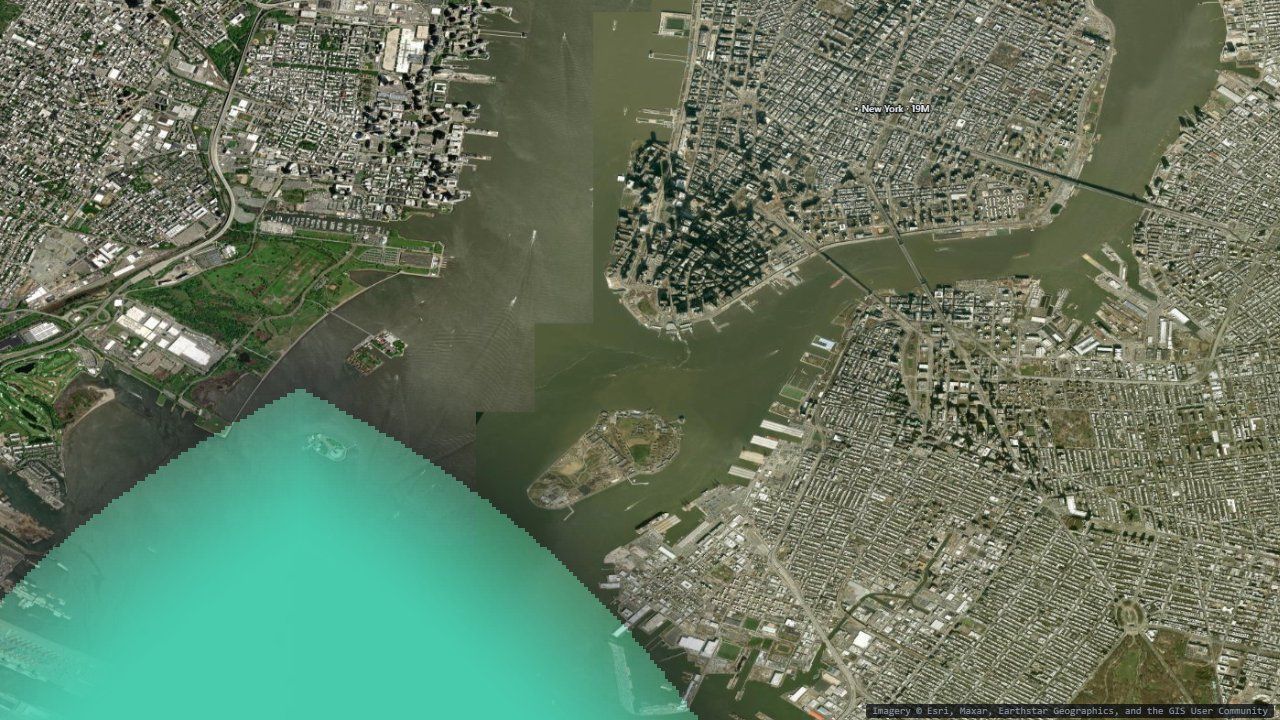 New York Harbor at 3,000× zoom with aerial imagery and one sea-surface temperature cell on the water