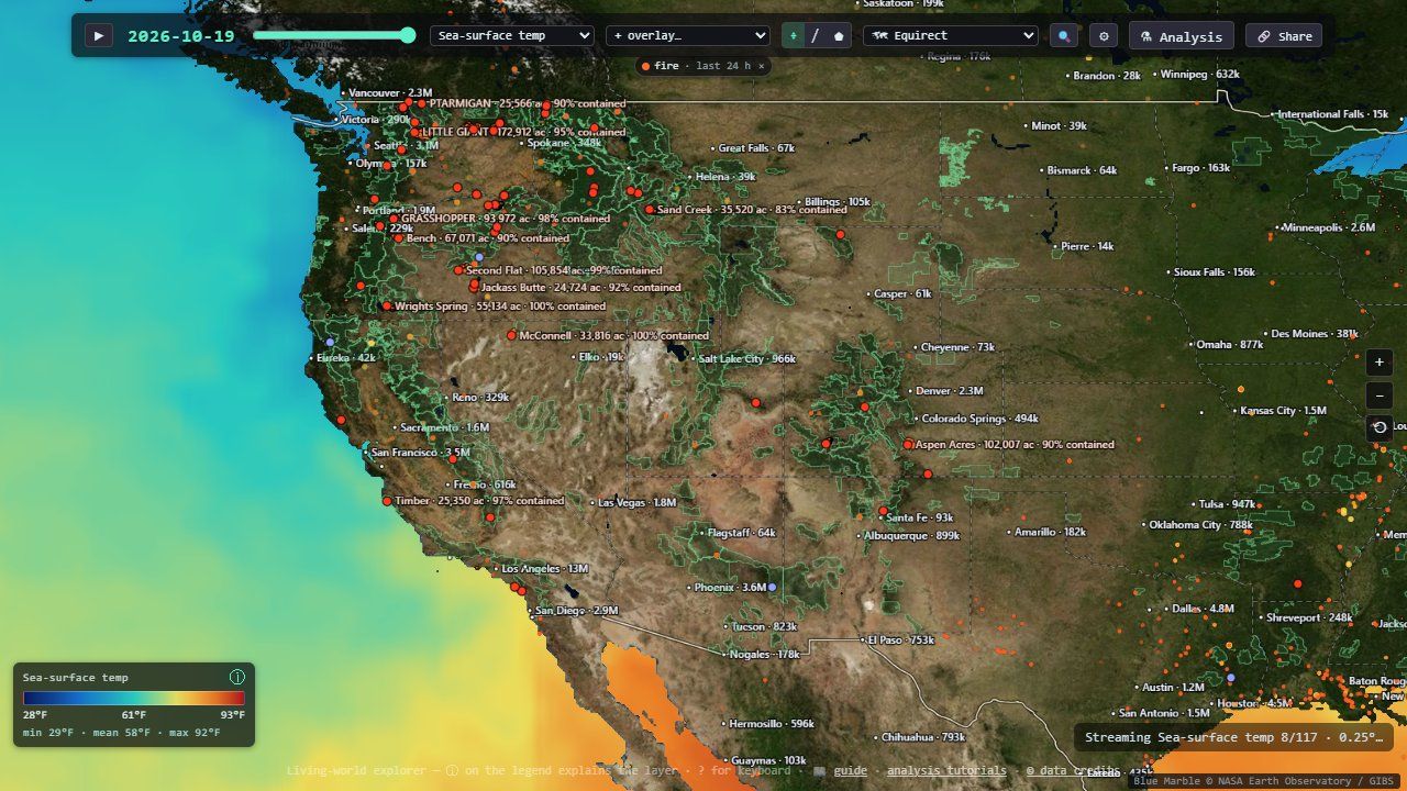 Wildfire perimeters, incidents and hotspots over the western United States, with national forests underneath