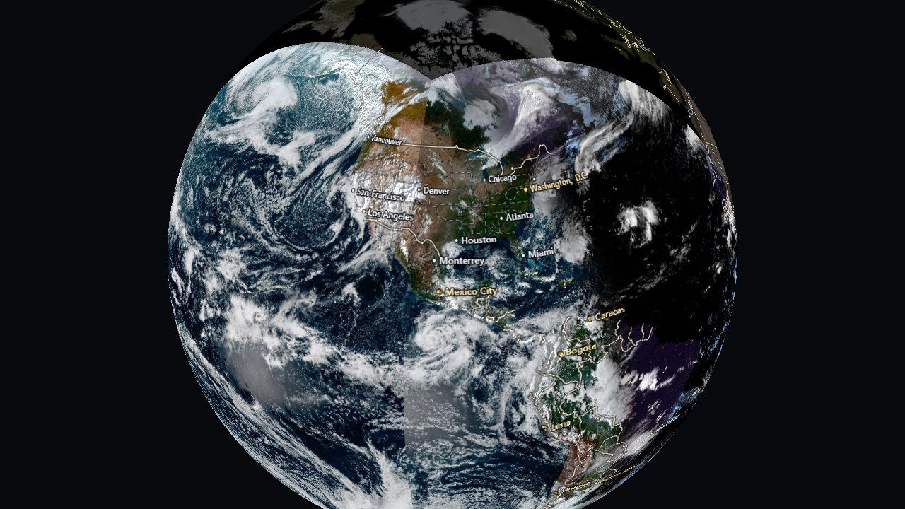 Globe showing live GOES clouds over the Americas
