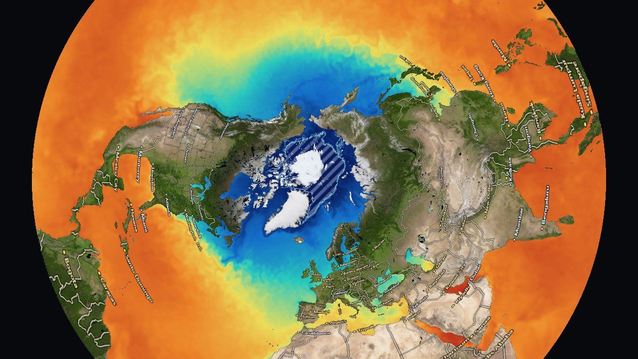 Arctic polar view of sea-surface temperature with sea-ice concentration drawn on top as contour lines and hatching