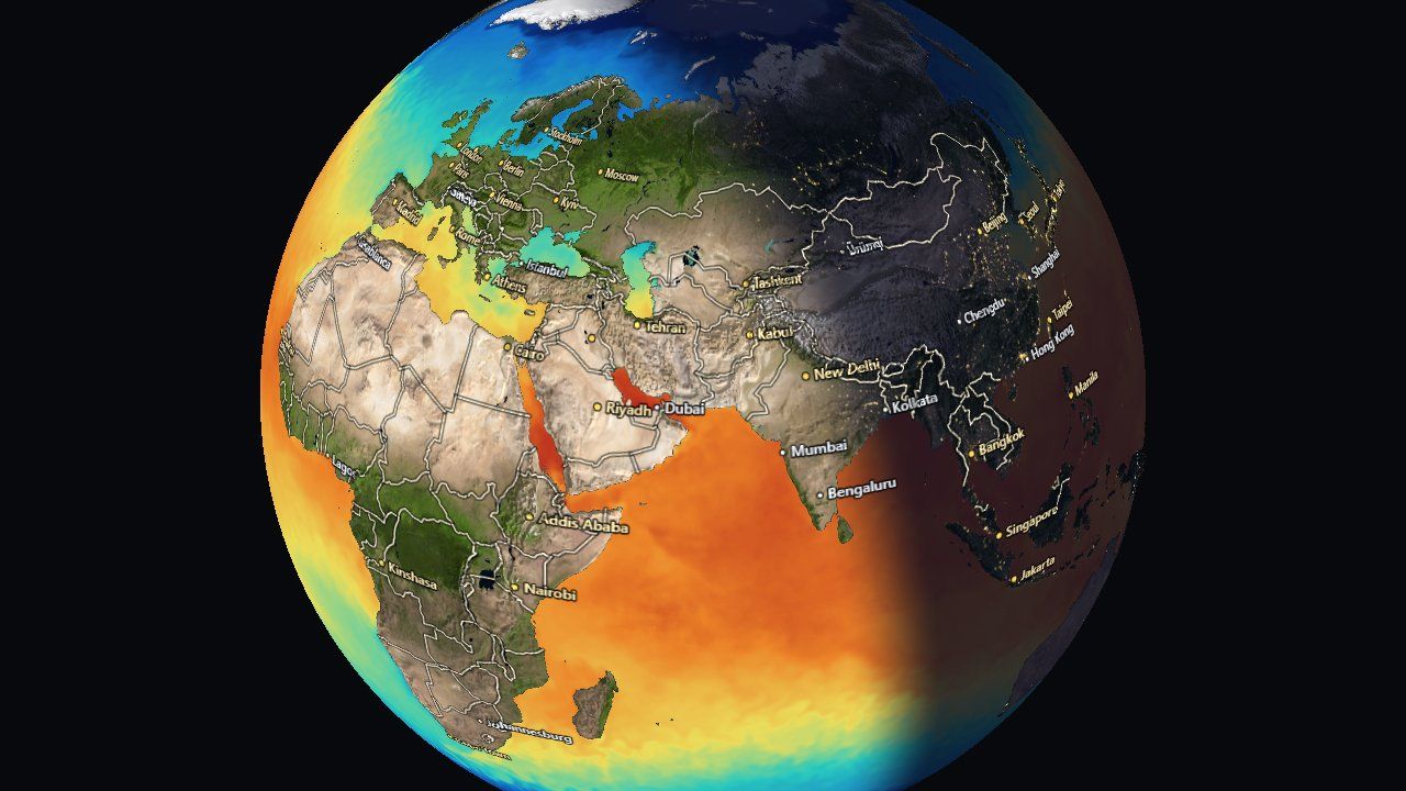 The globe with day and night: city lights on the night side.