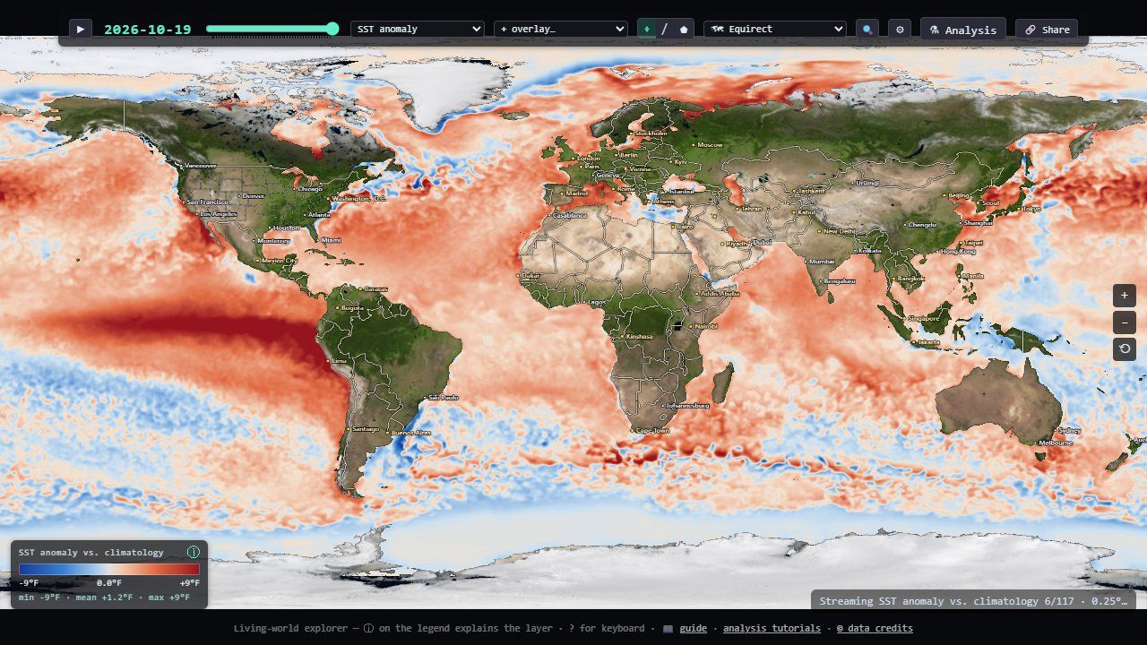 The Earth Explorer interface on a flat map of sea-surface temperature anomaly, with the control bar at the top and a legend at bottom left