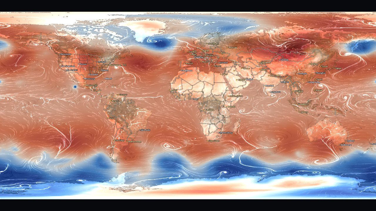 Sea-level pressure with white wind streamlines swirling around storms.
