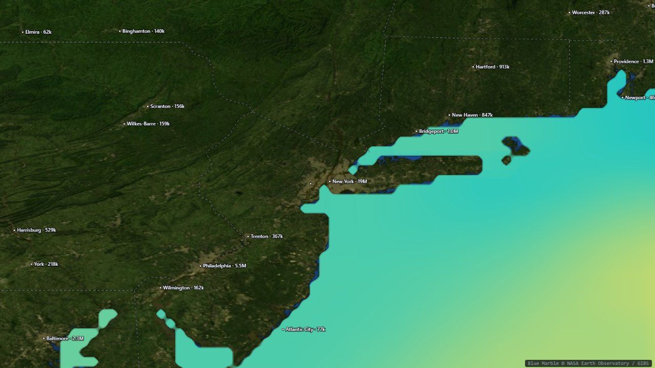 The New York Bight at 60× zoom with sea-surface temperature on the water